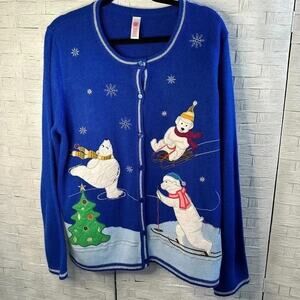 Holiday Blue Christmas cardigan Sweater polar bear, skating button front holiday